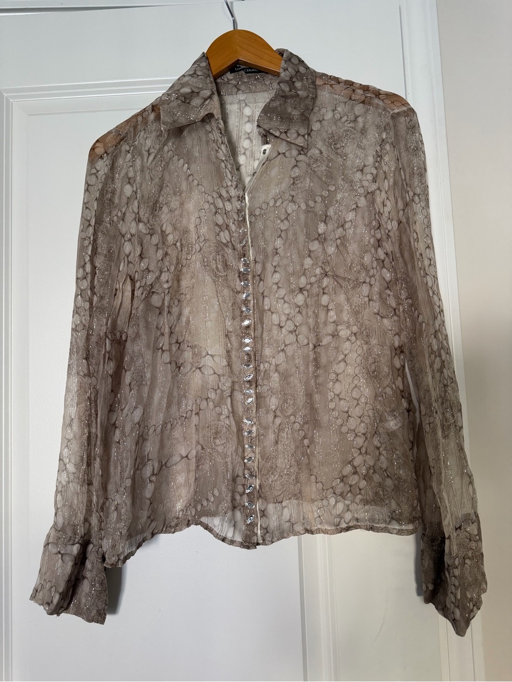 Luisa Cerano Sheer Taupe Button-Front Women's Blouse